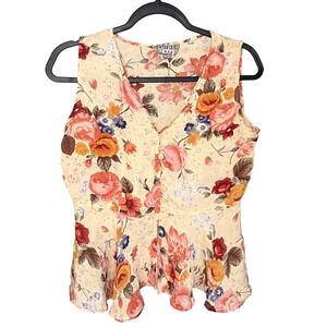 Vintage 90s Floral Peplum Blouse Sleeveless Button Front Back Tie L Dainty Fairy
